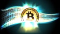 Golden symbol of cryptocurrency bitcoin exchanges currency signs for binary code