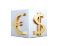 Golden symbols of Euro and dollar on the cube. 3d rendering Royalty Free Stock Photo