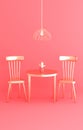 Golden table, two chairs and stylish chandelier trendy interior on pink background 3D illustration