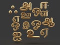 Golden Tamil alphabets in black background 3D render