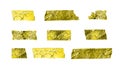 Golden tapes set. Adhesive torn, ripped, crumpled shiny gold paper strips isolated on white background