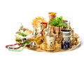 Golden tea service green mint Ramadan decoration lantern Royalty Free Stock Photo