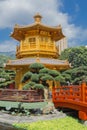 Golden teak wood pagoda at Nan Lian Garden in Hong Kong Royalty Free Stock Photo