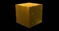 Golden techno cube. Yellow square metal box covered with 3d render digital tracery and textures