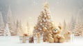 golden teddy bear and presents beneath white christmas tree concept Royalty Free Stock Photo