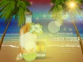 Golden tequila bottle, tequila shot glass, green lemon on summer beach tropical background with green palm and blue sea. Royalty Free Stock Photo