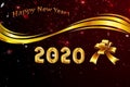 Golden Text balloon 2020 with golden ribbon on black background.
