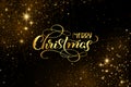 Golden text on black background with light golden stars. Merry Christmas for invitation and greeting card, prints and posters. Royalty Free Stock Photo