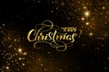 Golden text on black background with light golden stars. Merry Christmas for invitation and greeting card, prints and posters. Royalty Free Stock Photo