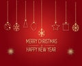 Golden text on dark red background. Merry Christmas and Happy New Year lettering for invitation and greeting card, prints and Royalty Free Stock Photo