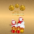 Golden text effect for merry christmas celebration greeting card with snowball and gifts