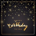 Golden text Happy Birthday and confetti on black background Royalty Free Stock Photo