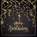 Golden text Happy Birthday with streamers and confetti on black Royalty Free Stock Photo