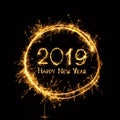 Golden text Happy New Year 2019 in round frame Royalty Free Stock Photo