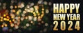 Golden text of Happy New Year 2024 with shiny and beautiful bokeh for festival and celebration of holiday. Royalty Free Stock Photo
