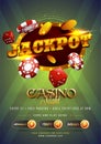 Golden text Jackpot with 3D chip, coins, on shiny green background. Flyer, poster or banner design with multiple