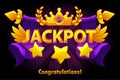 Golden text Jackpot with stars and crown on violet background. Casino jackpot winner awards with spears and wings