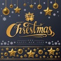 Golden text of Merry Christmas on black background.