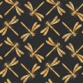 Golden textured dragonfly vector seamless pattern for textile design, wallpaper. Royalty Free Stock Photo