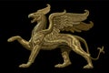 Golden textured embroidery griffin textile patch design. Fashion decoration ornament fabric print. Gold on black