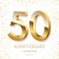 Golden 50th Anniversary Celebrating text and confetti on white background. Vector celebration 50 anniversary event