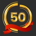 Golden 50th Emblem Logo With Red Ribbon On Black