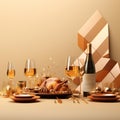 golden thanksgiving table with wine glasses wine bottle and turkey Royalty Free Stock Photo