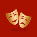 Golden theatrical masks of comedy and tragedy on red background Royalty Free Stock Photo