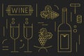 Golden thin line WINE bottle, glasses, banner, and grapes icons set on black background