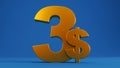 golden three dollars isolated on colored background,