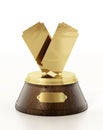 Golden tickets on wooden pedestal. Cinema award. 3D illustration