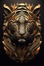 Golden Tiger Head Art Deco Illustration on Black Background. Generative AI