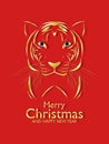 Happy New Year and Merry Christmas vertical postcard. The head of a golden striped cute tiger on a red background.