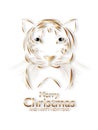 Happy New Year and Merry Christmas vertical card. The head of a golden striped cute tiger on a white background.