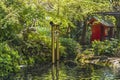 Golden torii gate in the pond of Atago shrine dedicated to goddess of water Benzaiten.