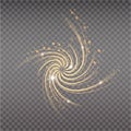 Golden tornado, swirling storm cone of stardust sparkles on transparent background. Golden spiral with light effect. Magical