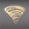 Golden tornado, swirling storm cone of stardust sparkles on transparent background. Golden spiral with light effect