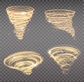 Golden tornado, swirling storm cone of stardust sparkles on transparent background. Golden spiral with light effect. Set Royalty Free Stock Photo