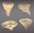 Golden tornado, swirling storm cone of stardust sparkles on transparent background. Golden spiral with light effect. Set