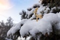 Golden toy deer stands on a snowy branch of evergreen pine on background blue sky Royalty Free Stock Photo