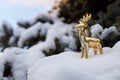 Golden toy deer stands on a snowy branch of evergreen pine on background blue sky Royalty Free Stock Photo