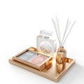 A golden tray with playing cards and perfume sticks, 3d rendering