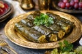 A golden tray of warak enab with stuffed grape leaves. Royalty Free Stock Photo