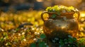 Golden treasure pot at shamrocks field. Saint Patricks day background