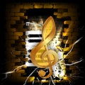 Golden treble clef on a background of brick wall