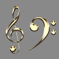 Golden treble clef and bass clef signs illustration - key sol - music symbols