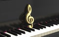 Golden treble clef on the piano keyboard 3d illustration. Royalty Free Stock Photo