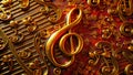 A golden treble clef on a red background with ornate floral details