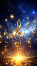 Golden treble clefs and musical notes float in a starry night sky with sparkling golden light. Royalty Free Stock Photo