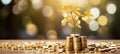 Golden tree of financial growth blurred bokeh cityscape background with coins and banknotes